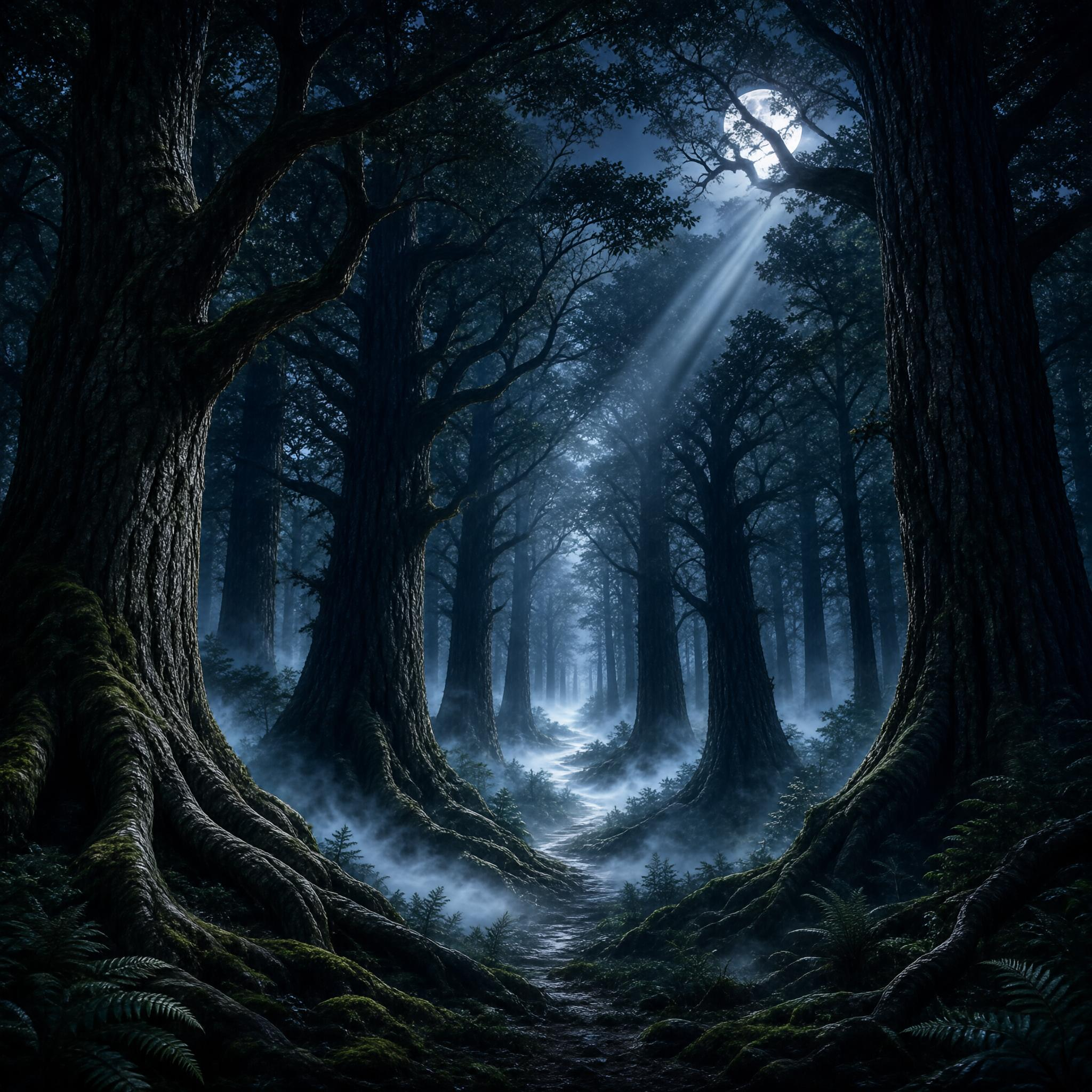 Moonlit Misty Forest Path