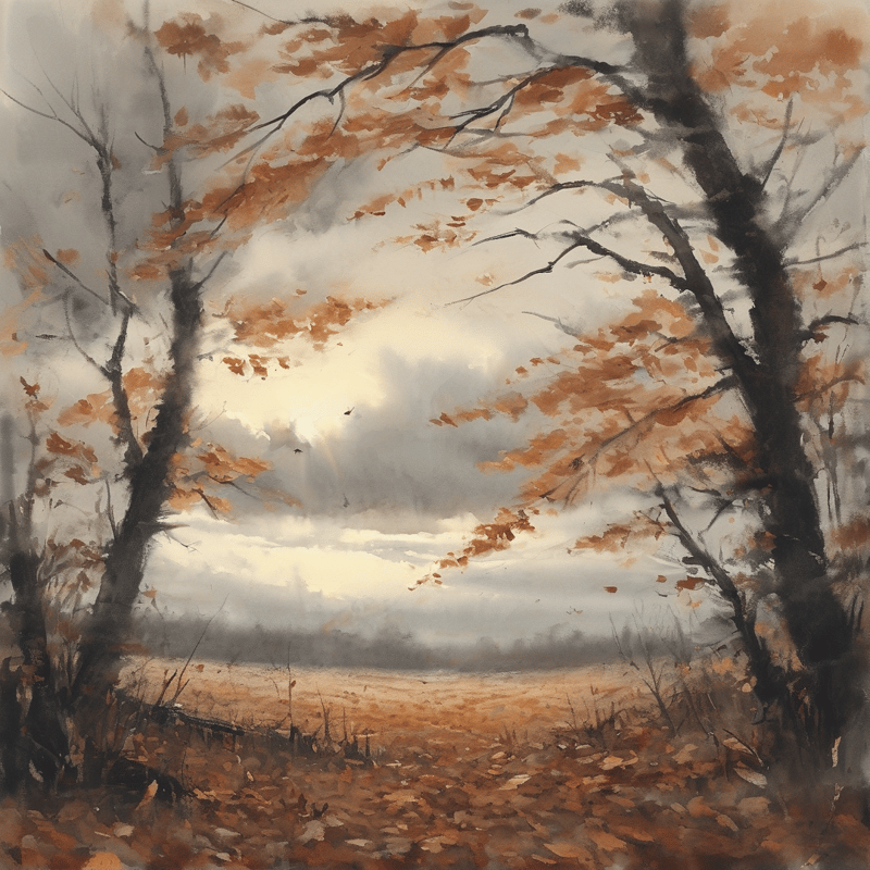 Dark twisted branches frame a field of orange foliage beneath a heavy cloudy sky.