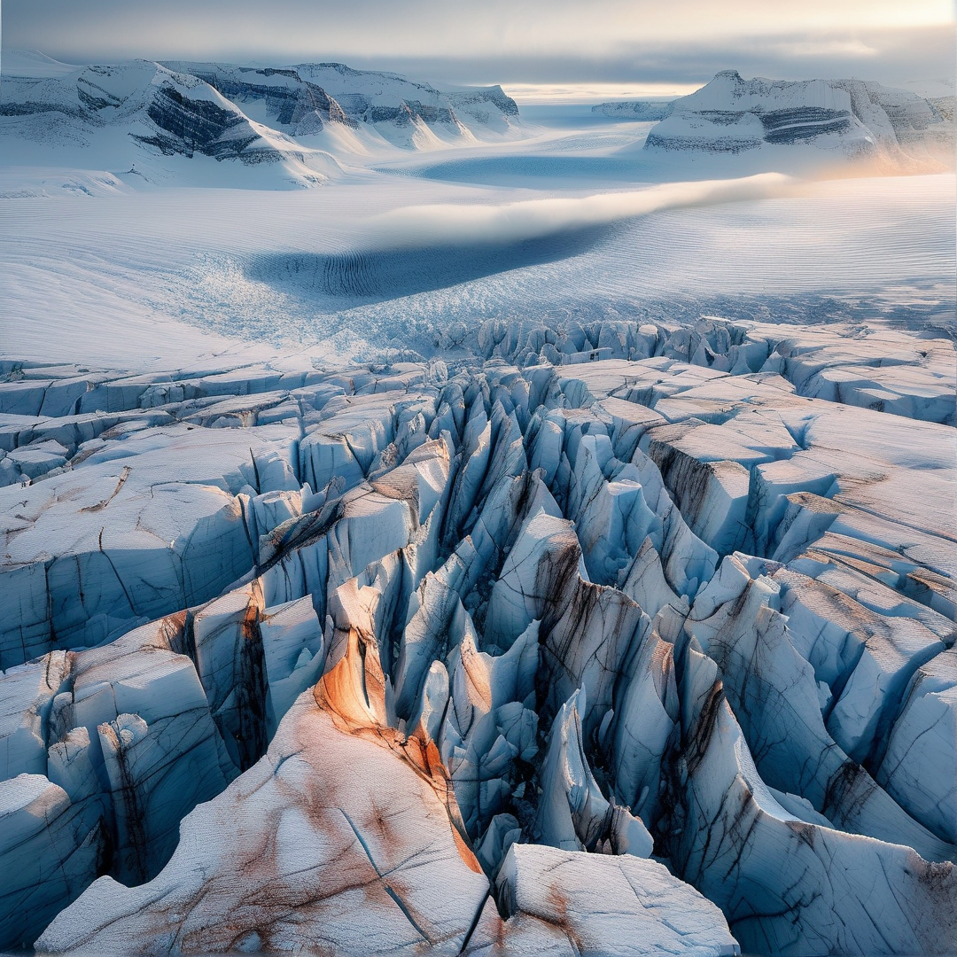 A vast expanse of cracked blue ice stretches toward snow covered mountains under a soft glowing sky.