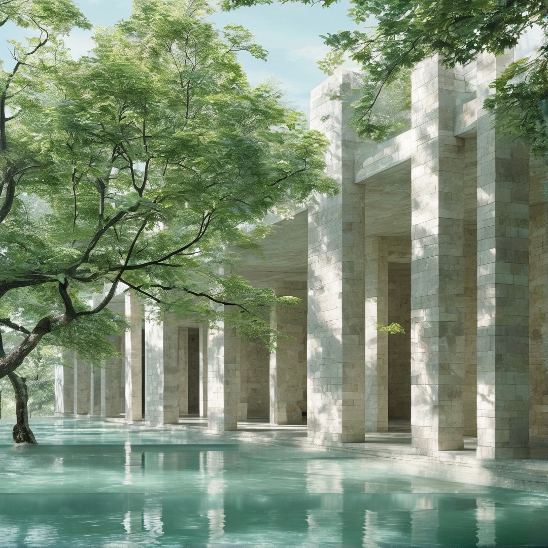 Tall pale columns line a pool surrounded by lush green foliage and dappled sunlight.