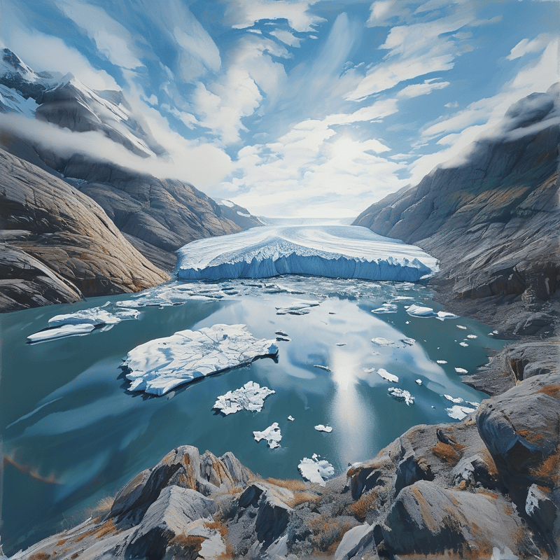 Glacial ice extends into a turquoise lake surrounded by steep cliffs with scattered icebergs floating on the water reflecting the sky