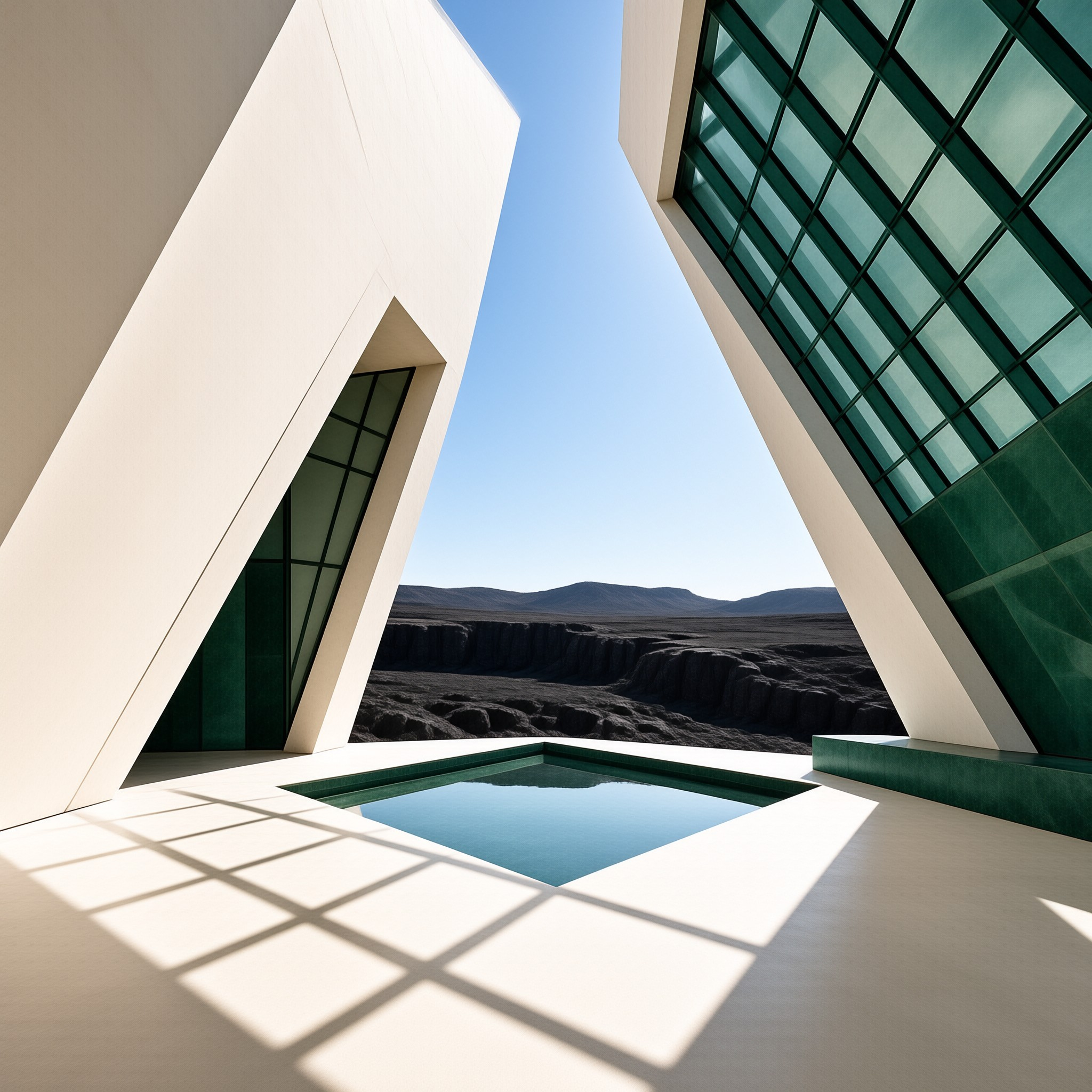 Slanted white concrete walls and emerald glass panels frame a calm reflecting pool facing a dark lava plain