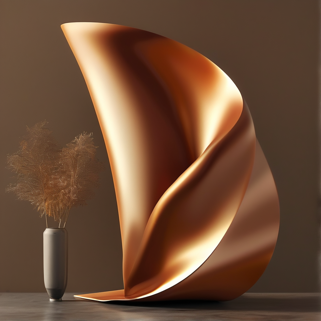 A curved metallic sculpture with golden highlights stands beside a small vase with dried plants against a brown background.