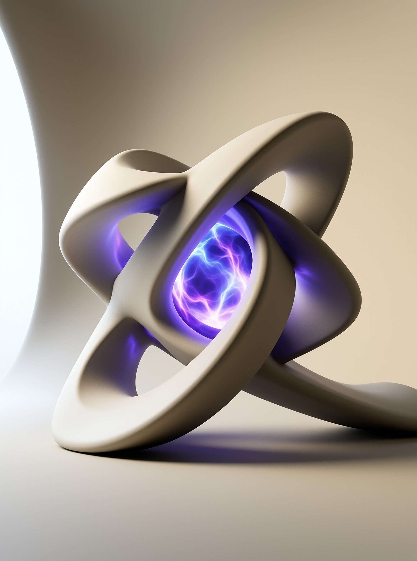 A smooth ivory knotted loop cradles a crackling violet energy sphere that spills light into its curved hollows