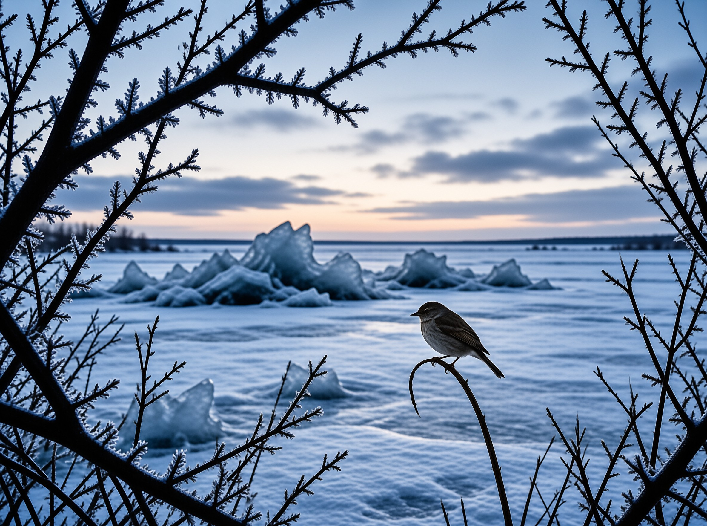 A small bird sits on a curved twig overlooking jagged ice formations on a frozen lake under a twilight sky.