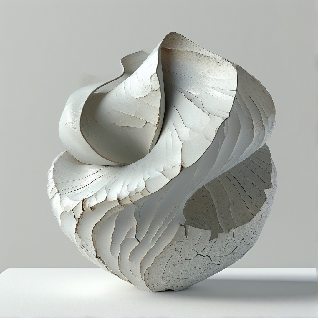A white abstract sculpture with a fractured surface texture sits on a white platform against a neutral grey background.