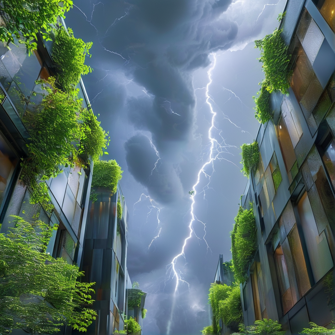 Low angle view between ivy covered towers shows thick grey storm clouds lit by branching bright lightning bolts