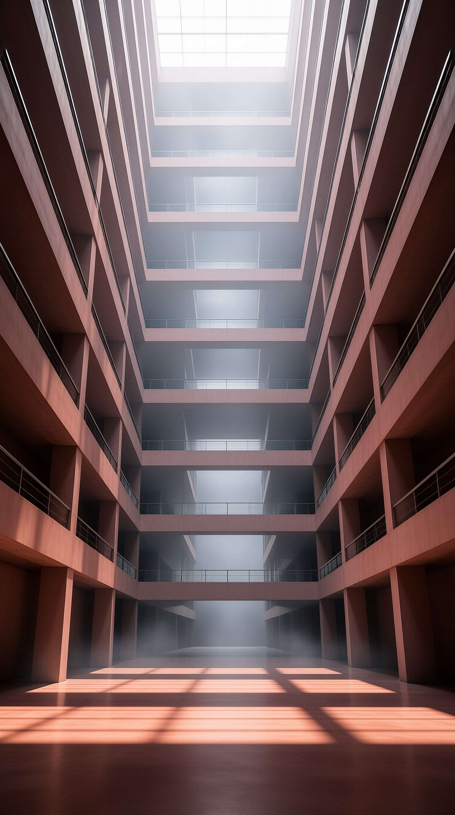 A symmetrical multi level interior features reddish walls and balconies receding into a foggy distance while sunlight streams from the top to create geometric shadows on the ground.