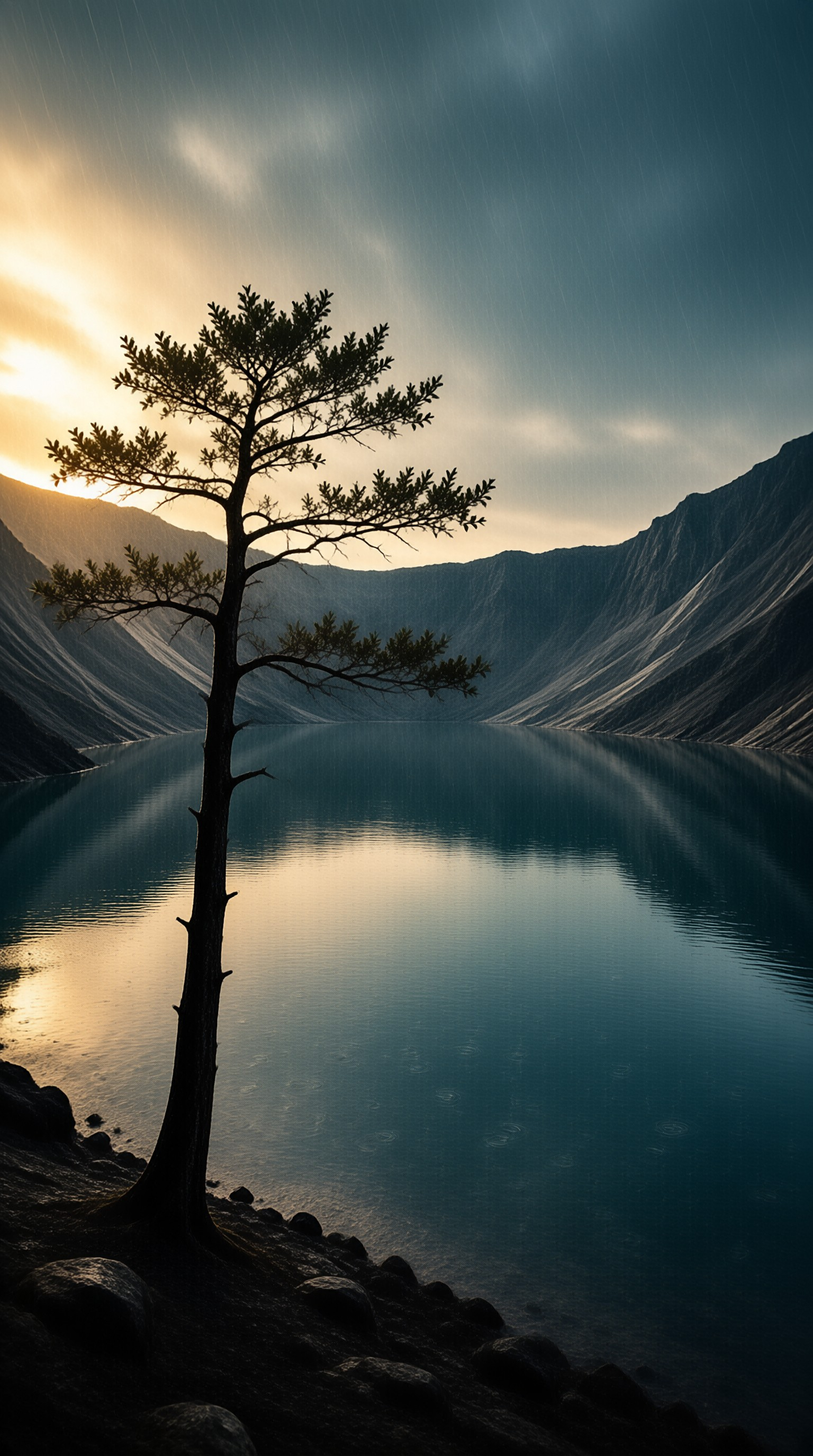 A dark tree silhouette rises from a rocky bank near a blue lake surrounded by mountains during a rainy sunset.