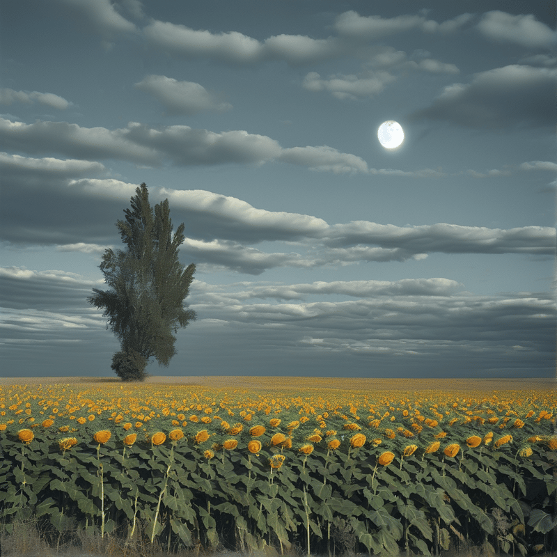 A vast field of yellow sunflowers stretches beneath a cloudy sky illuminated by a bright full moon.