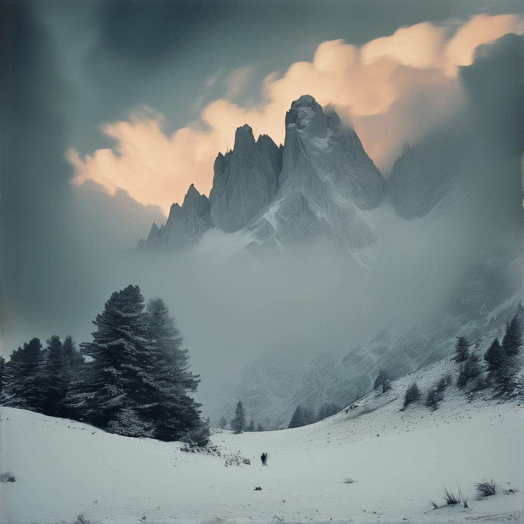 Two tiny figures walk across a snowy landscape below towering jagged mountain peaks illuminated by soft sunset light.