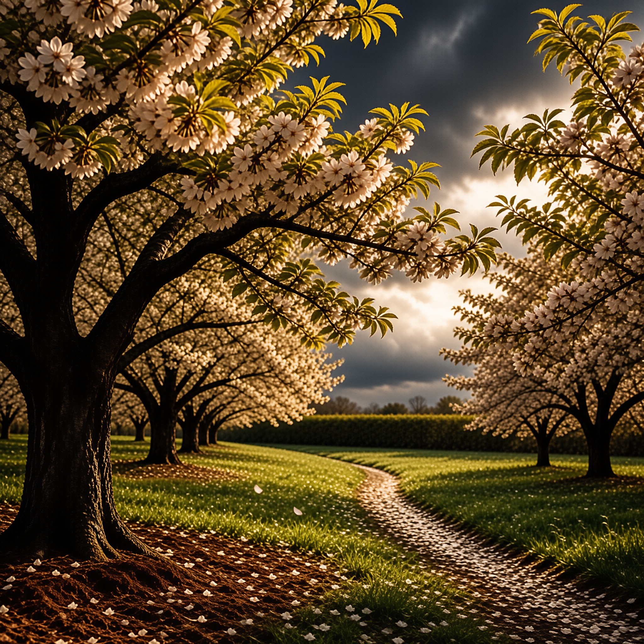 Winding path covered in fallen petals leads between blooming cherry trees under a cloudy sky with sunlight breaking through.