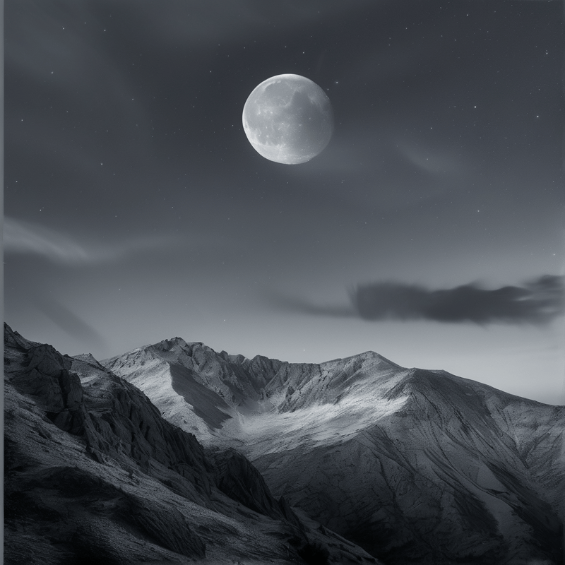 Black and white landscape featuring jagged peaks under a luminous moon amidst scattered stars.