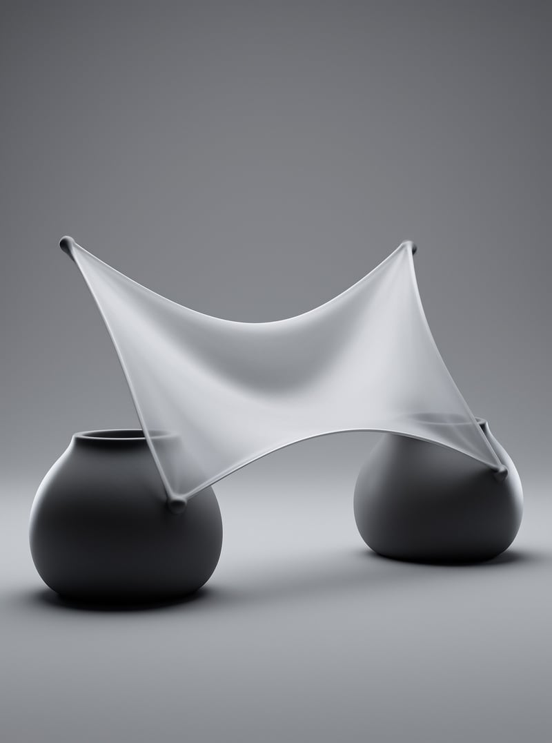 Two dark sculpted vessels sit on gray, joined by a white tensioned membrane creating a curved saddle form in soft light.