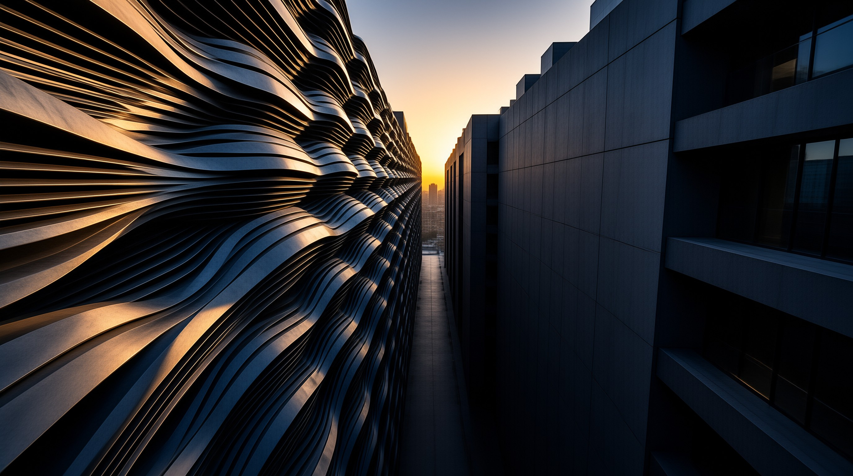 A sculptural wall of flowing metal fins glows orange in low sun beside a darker concrete tower at dusk.
