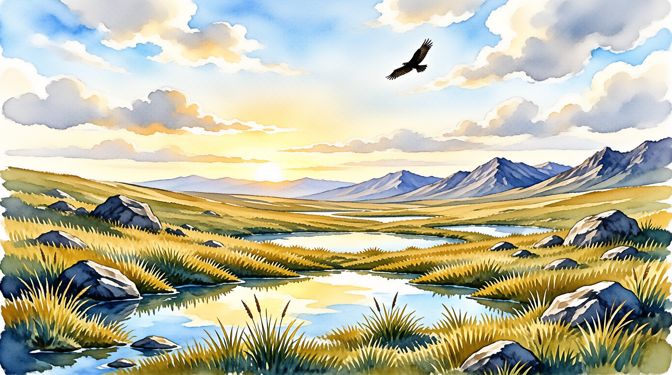 A dark bird flies high above a winding river that reflects the bright sky and golden fields leading to blue mountains.