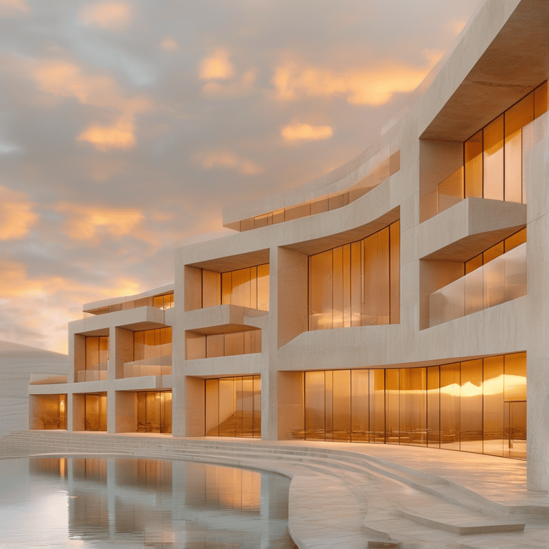 White concrete architecture features large glass windows glowing with warm orange light beside a calm reflecting pool.