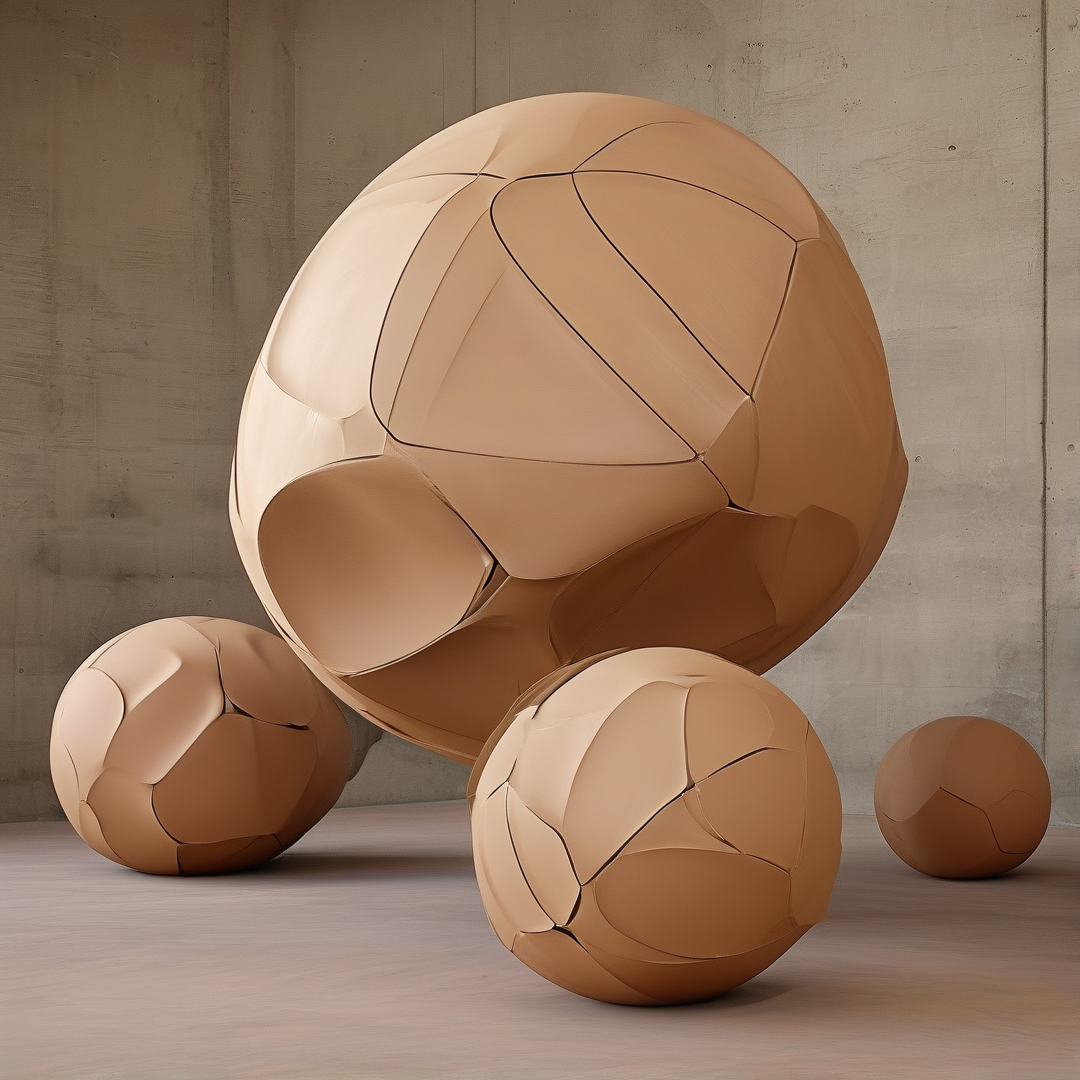 Four glossy tan spheres with a segmented surface rest on a wooden floor against a gray concrete wall under soft lighting.