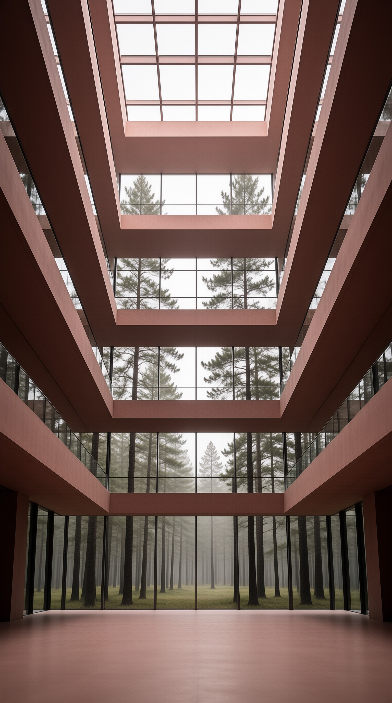 Modern Atrium in Misty Forest