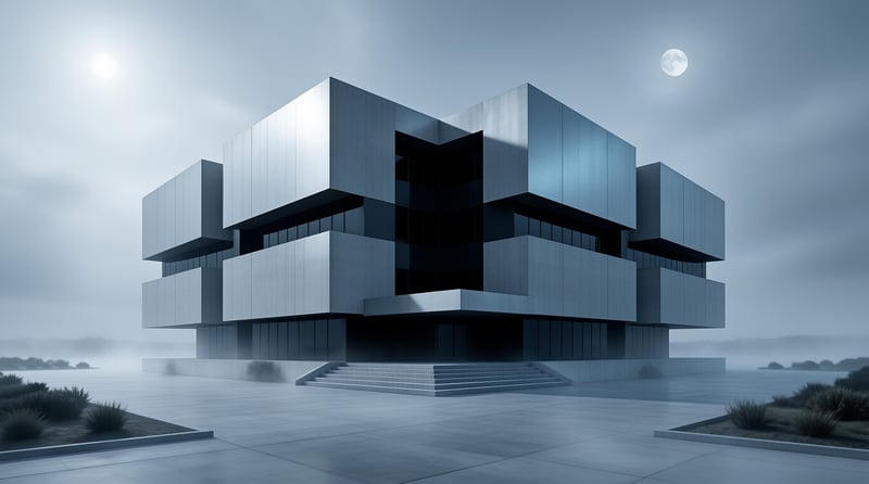 A layered brutalist concrete building sits on a misty plaza beneath a bright low moon and soft clouds