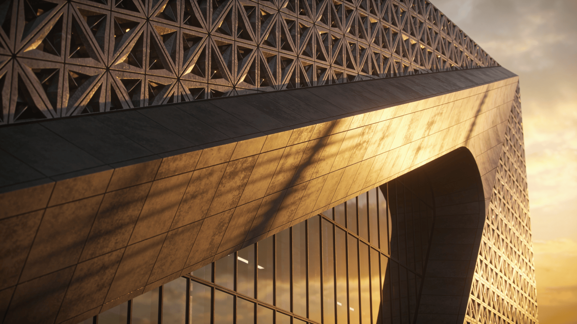 Museum with Parametric Facade — Golden Sunset