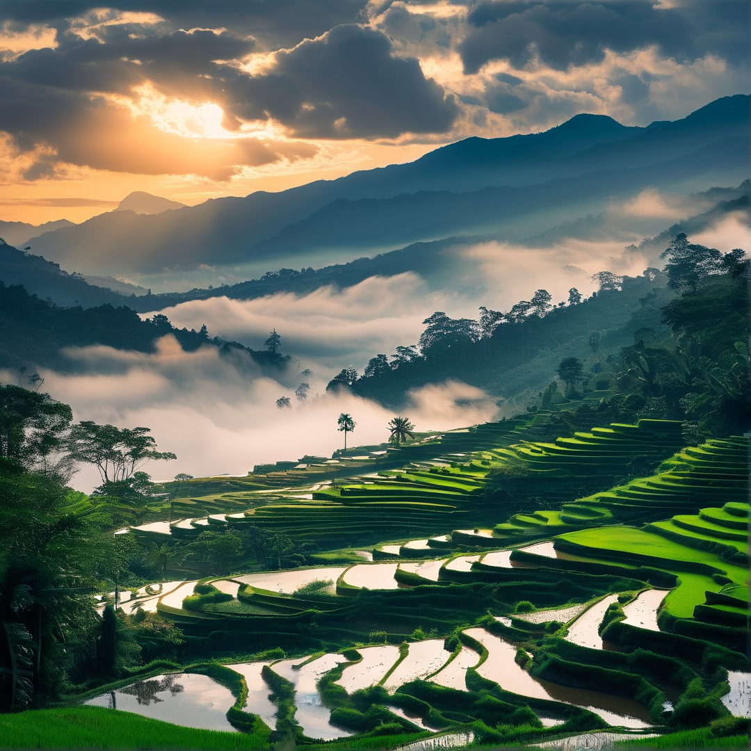 Sunlit Misty Rice Terraces