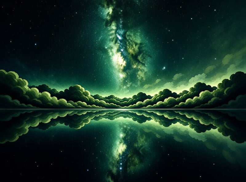 A bright green nebula shines above fluffy clouds, with the scene mirrored in the still water.