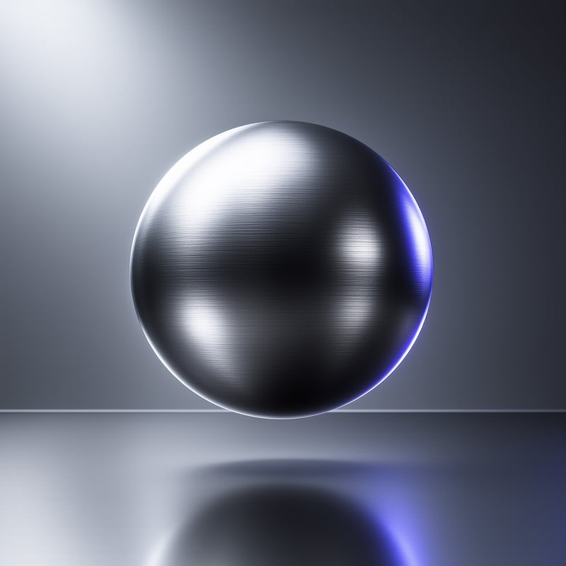 A perfectly round metallic ball with a horizontal brushed finish floats in a sterile environment while casting a soft shadow on a smooth surface.