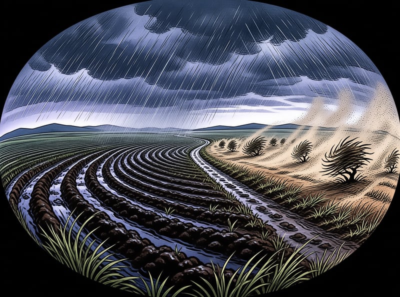Circular art of a tilled green field under rain on the left and a dry landscape with rising dust on the right.