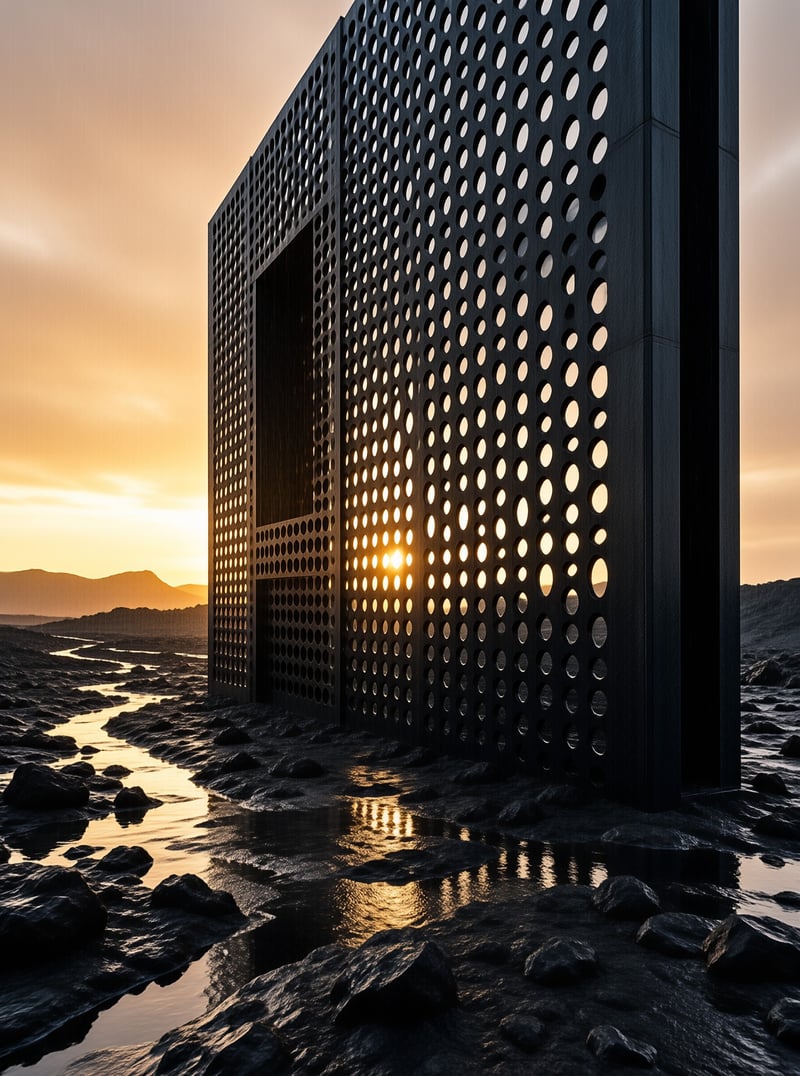 A dark perforated monolith stands in a wet rocky riverbed while the sun glows through its holes.