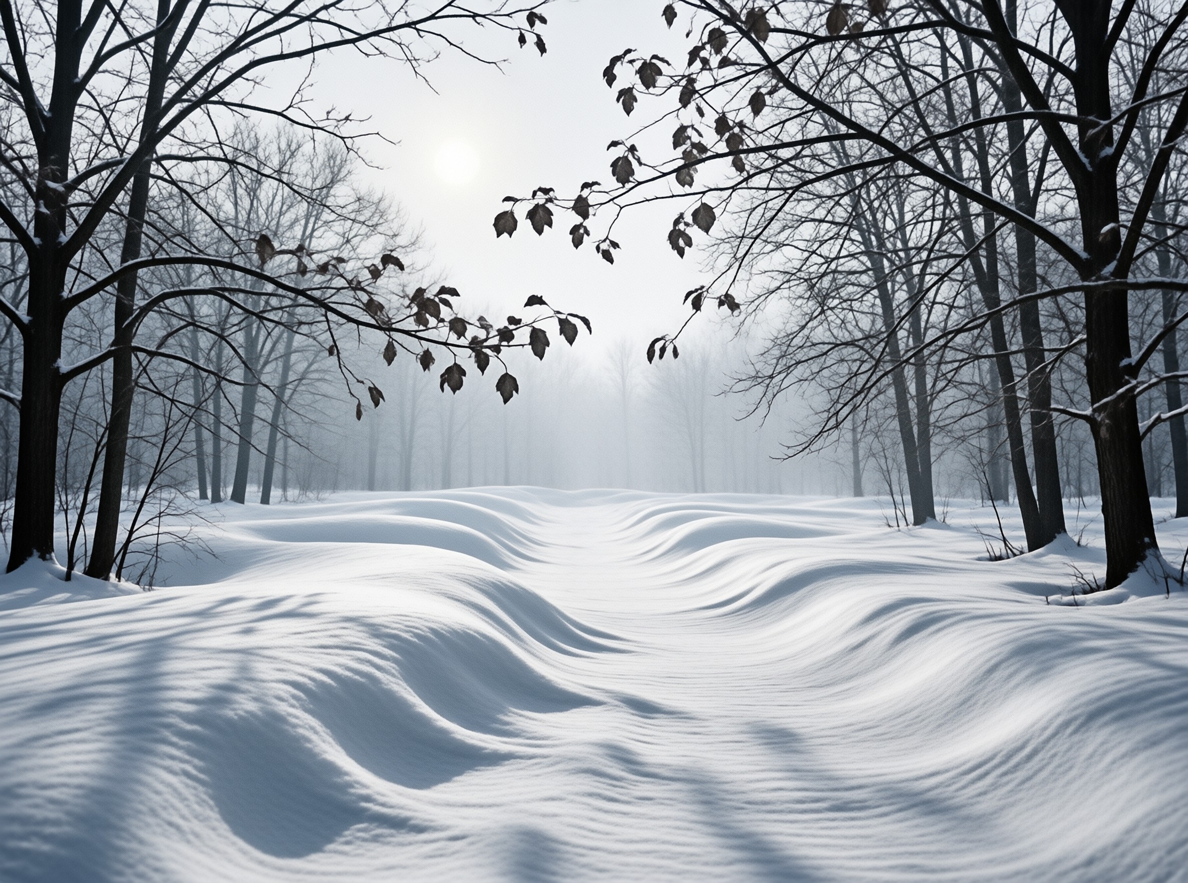 Bare branches overhang undulating snow drifts leading into a foggy woodland illuminated by faint sunlight.