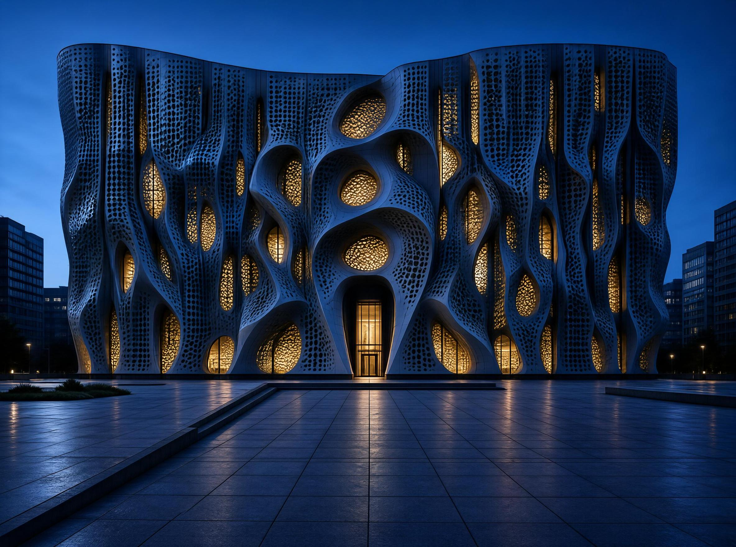 Organic Perforated Facade Building at Night