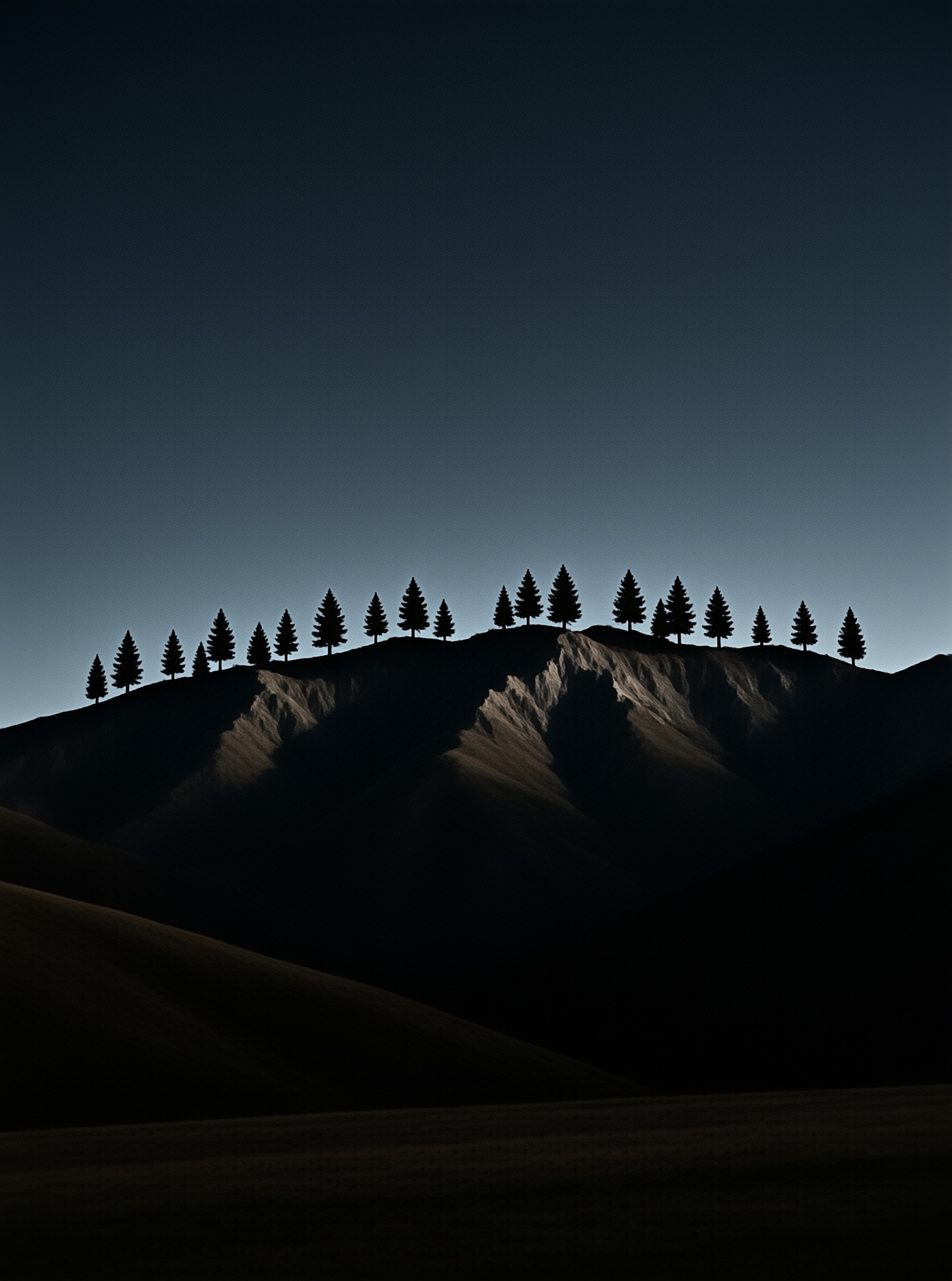 Dark pine trees form a silhouette along a mountain ridge under a deepening blue sky at dusk.