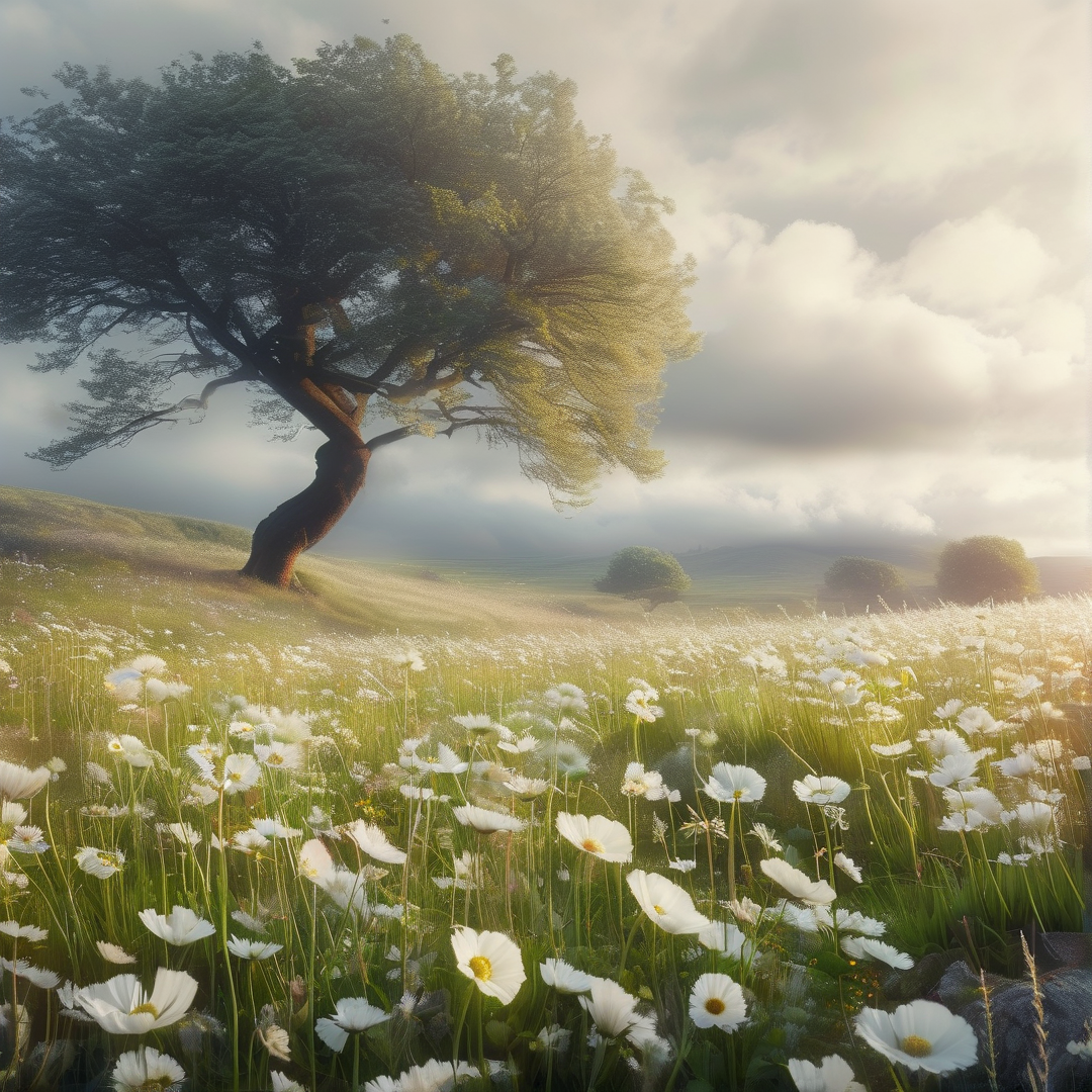 Lone Tree in White Flower Field