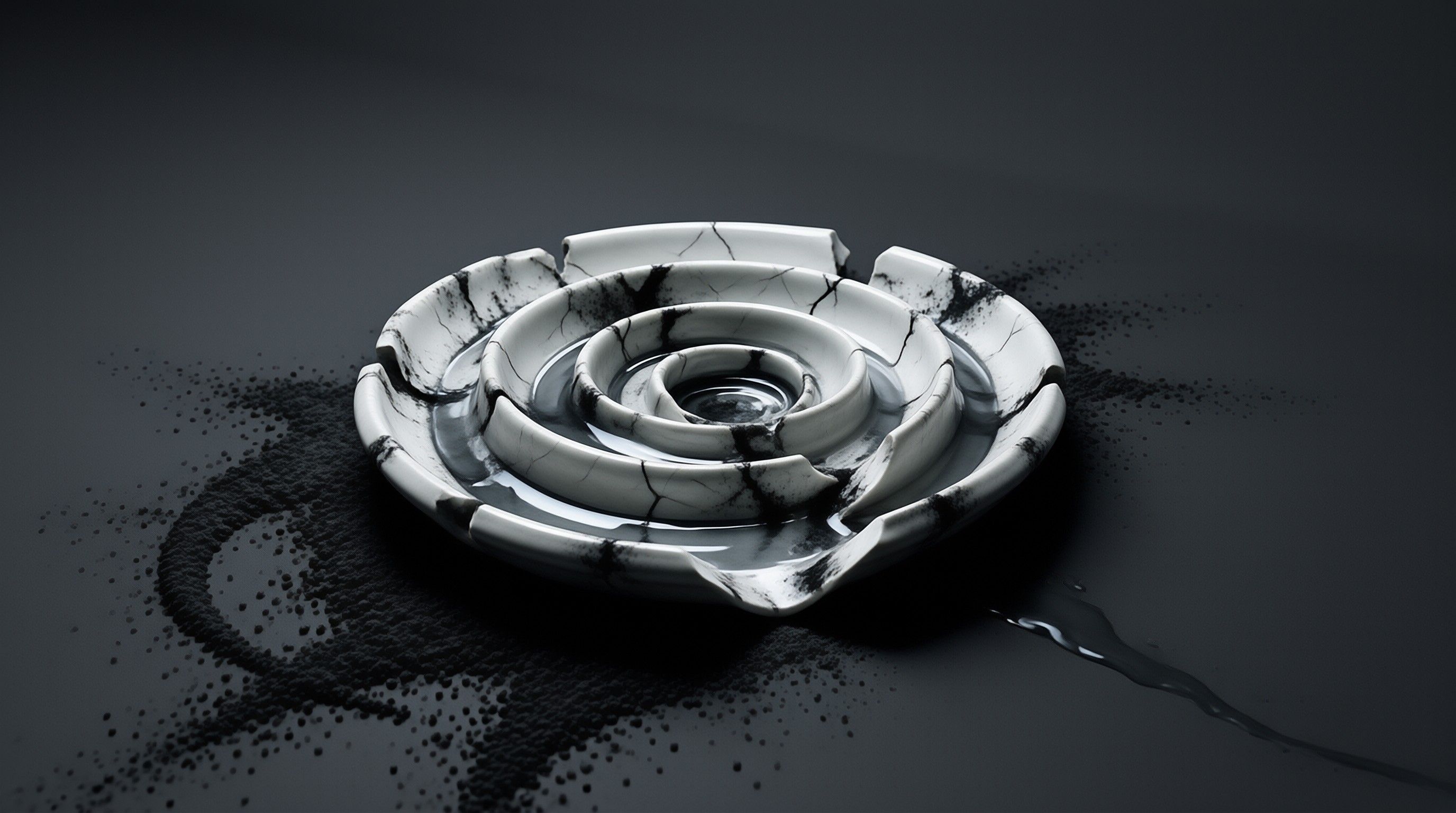 A fractured white and black spiral shaped ceramic dish holds liquid water atop a scattering of fine black granular powder on a dark grey surface