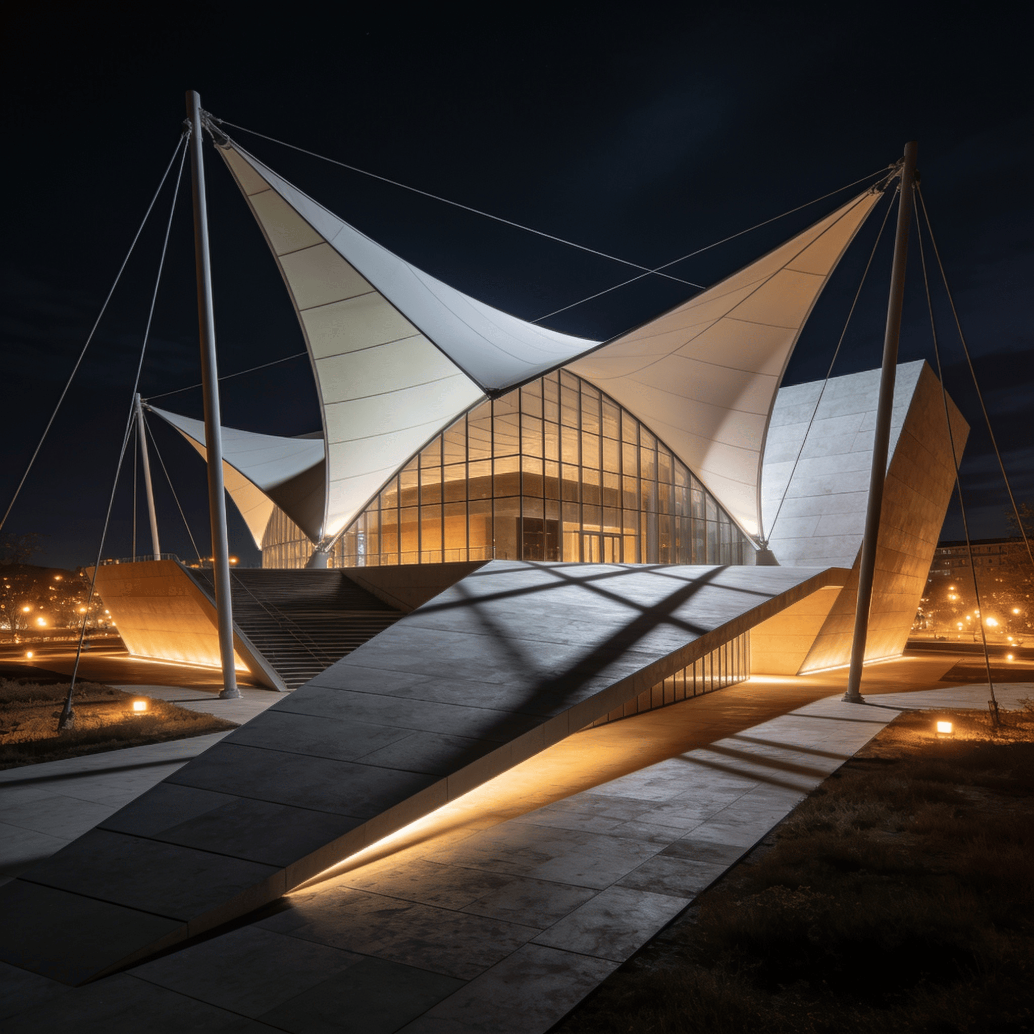 Museum with Tensile Structure — Night With Warm Lights