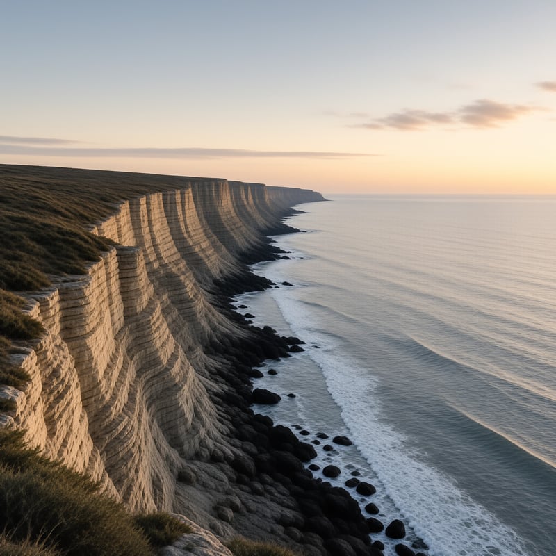 Tall stratified cliffs overlook the calm ocean horizon during golden hour with waves hitting the rocky base.