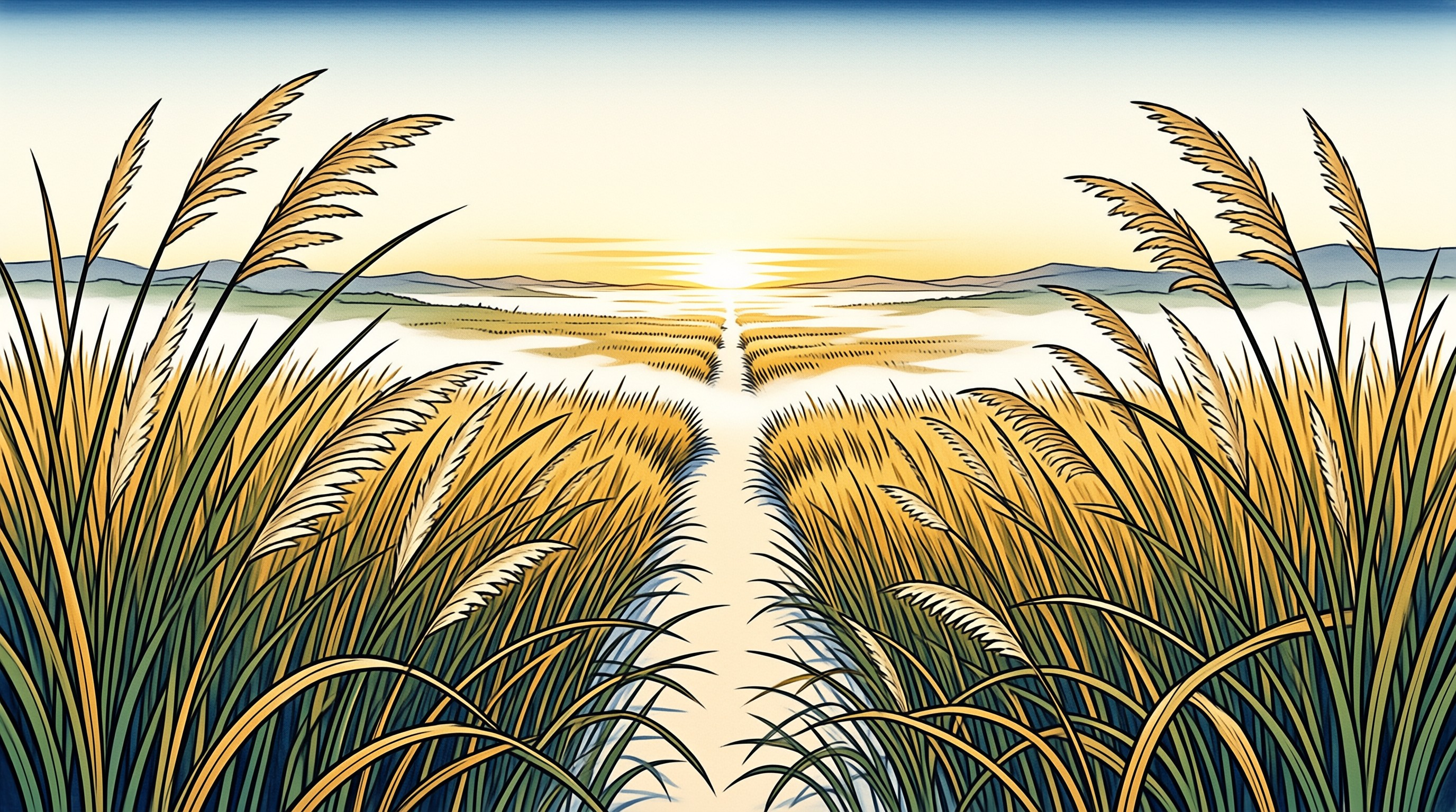 Tall grasses frame a misty agricultural field where crop rows lead towards a bright sunrise over distant blue mountains.