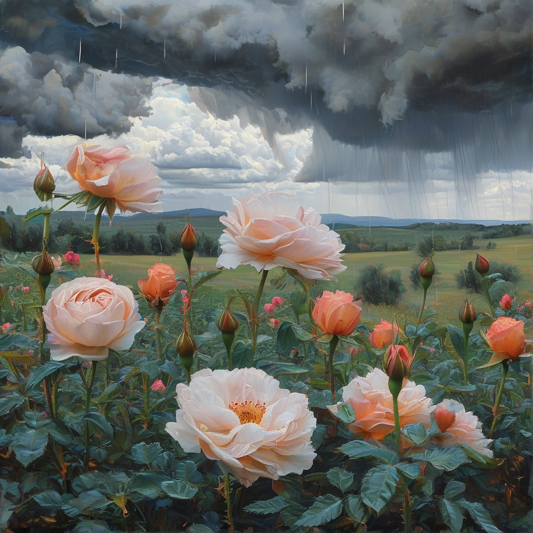 Rose Garden Under Stormy Sky