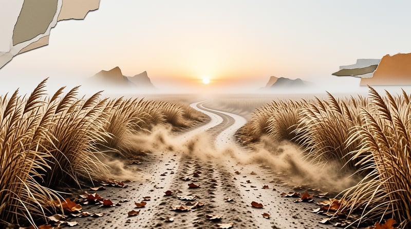 A dirt road curves between tall dry reeds while morning mist rises towards a glowing sun over distant mountains.