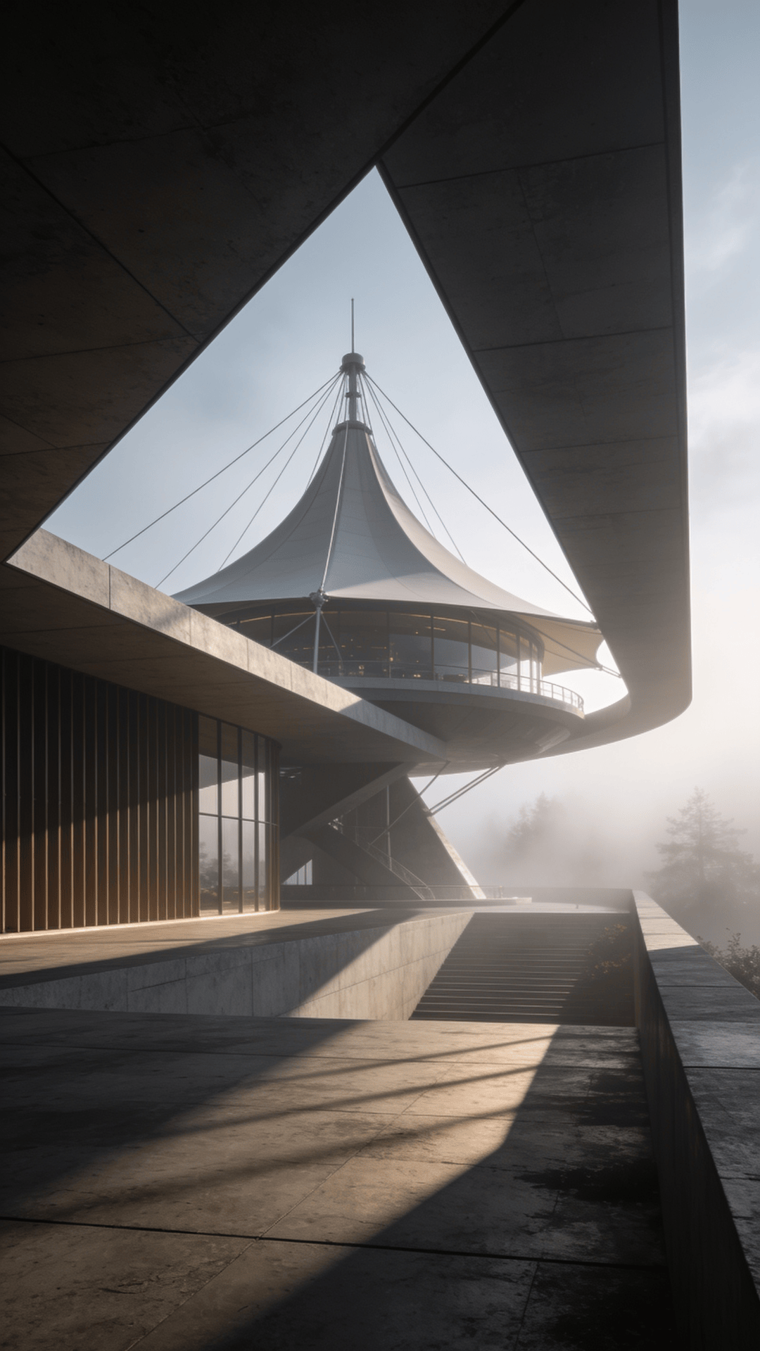 Observatory with Tensile Structure — Foggy Morning