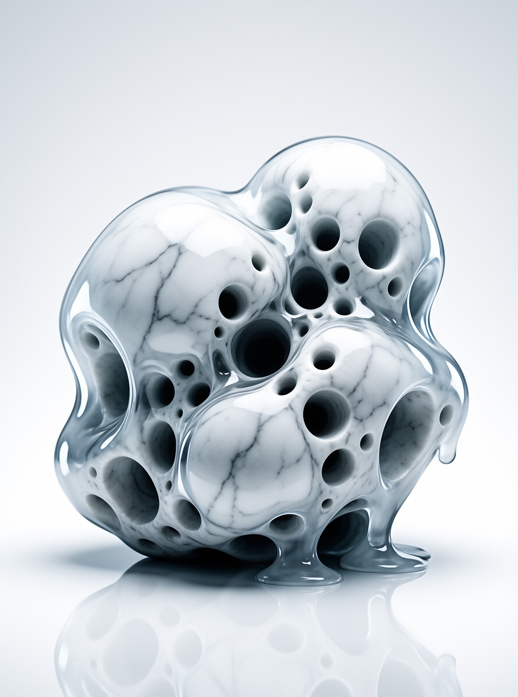 A smooth white marble form riddled with round holes sits encased in a translucent glass shell on a pale surface.