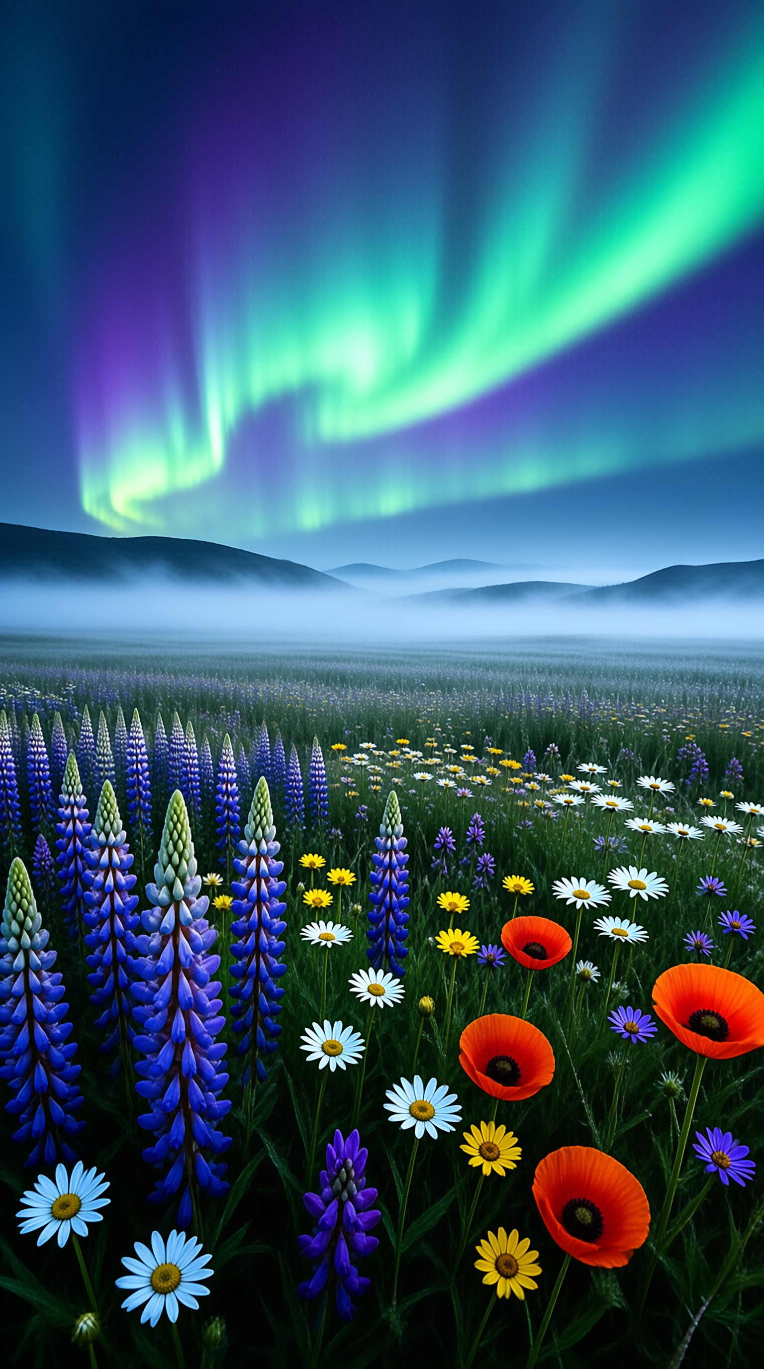 Aurora Over Flower Field