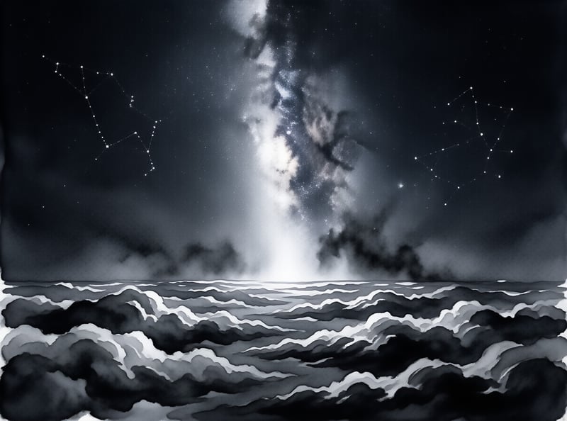 Black and white illustration of the Milky Way over layered dark rolling waves under a star filled night sky.