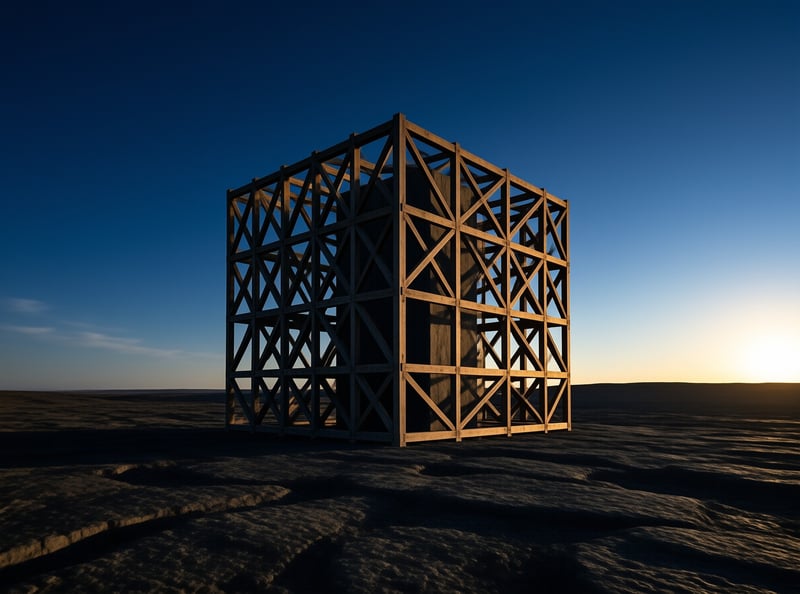 A large open lattice cube of timber beams encloses a dark monolith on a cracked desert floor at dusk.