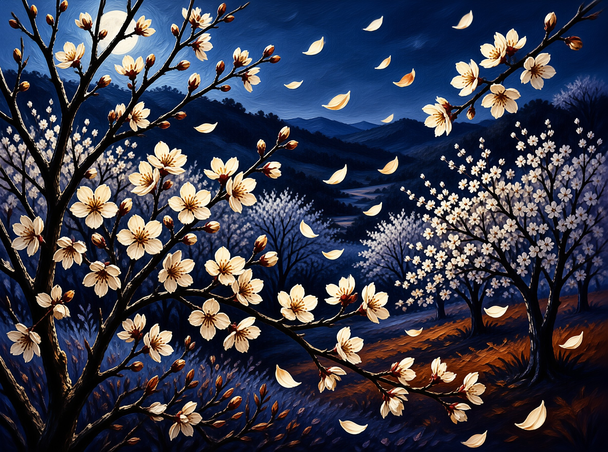 Painted branches of pale magnolia blossoms sway against an indigo night sky with a full moon and petals