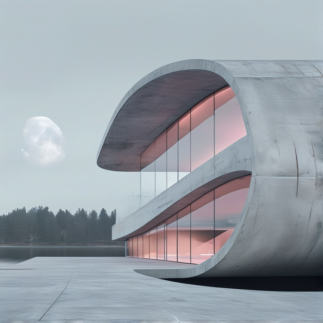 A curved concrete structure glows with pink light against a pale sky featuring a large moon and distant trees.