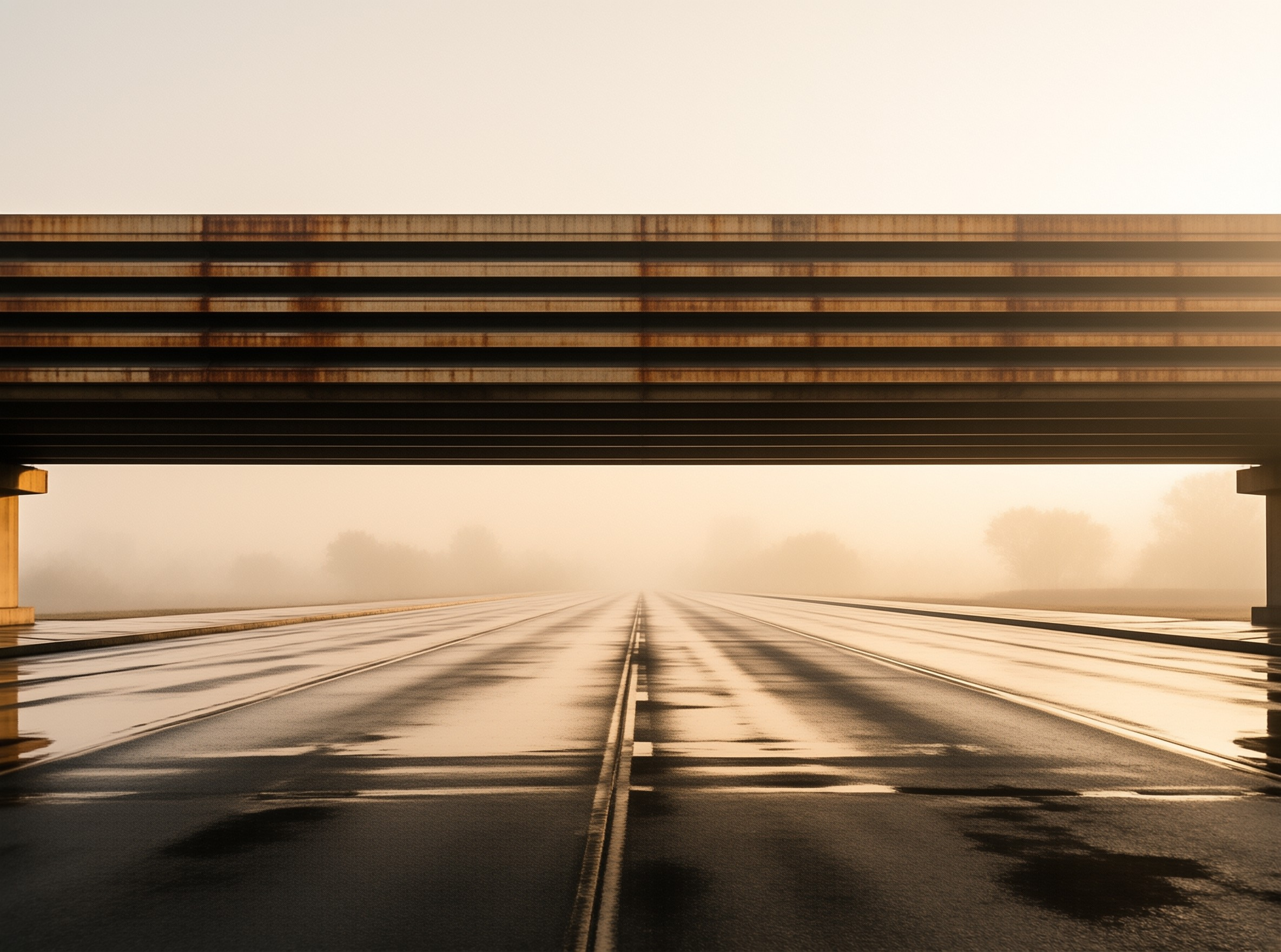 A wet asphalt highway stretches under a concrete bridge structure while golden fog obscures the distant trees.