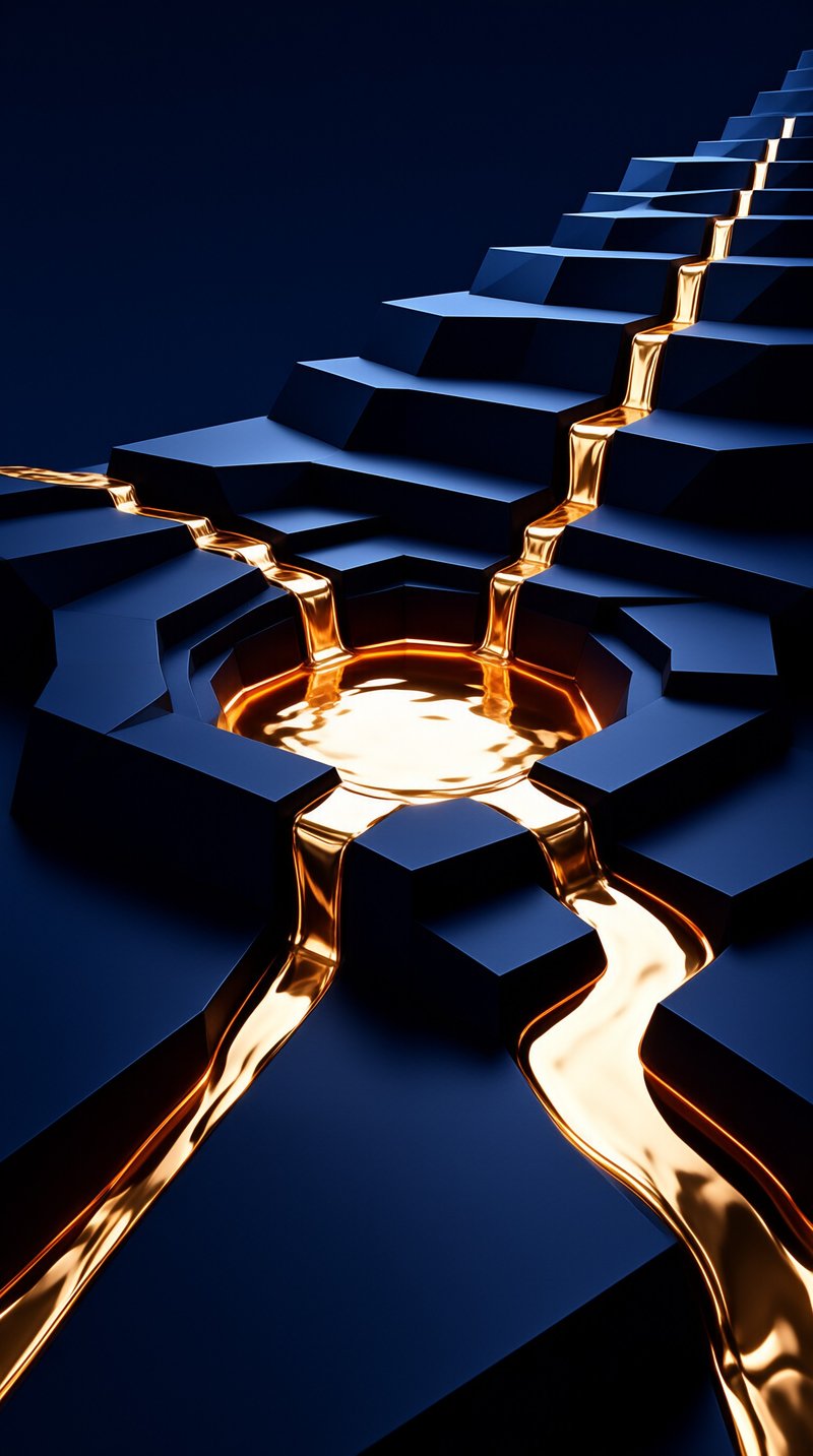 Glowing liquid gold flows down navy stepped terraces and pools in a crater in a 3D scene.