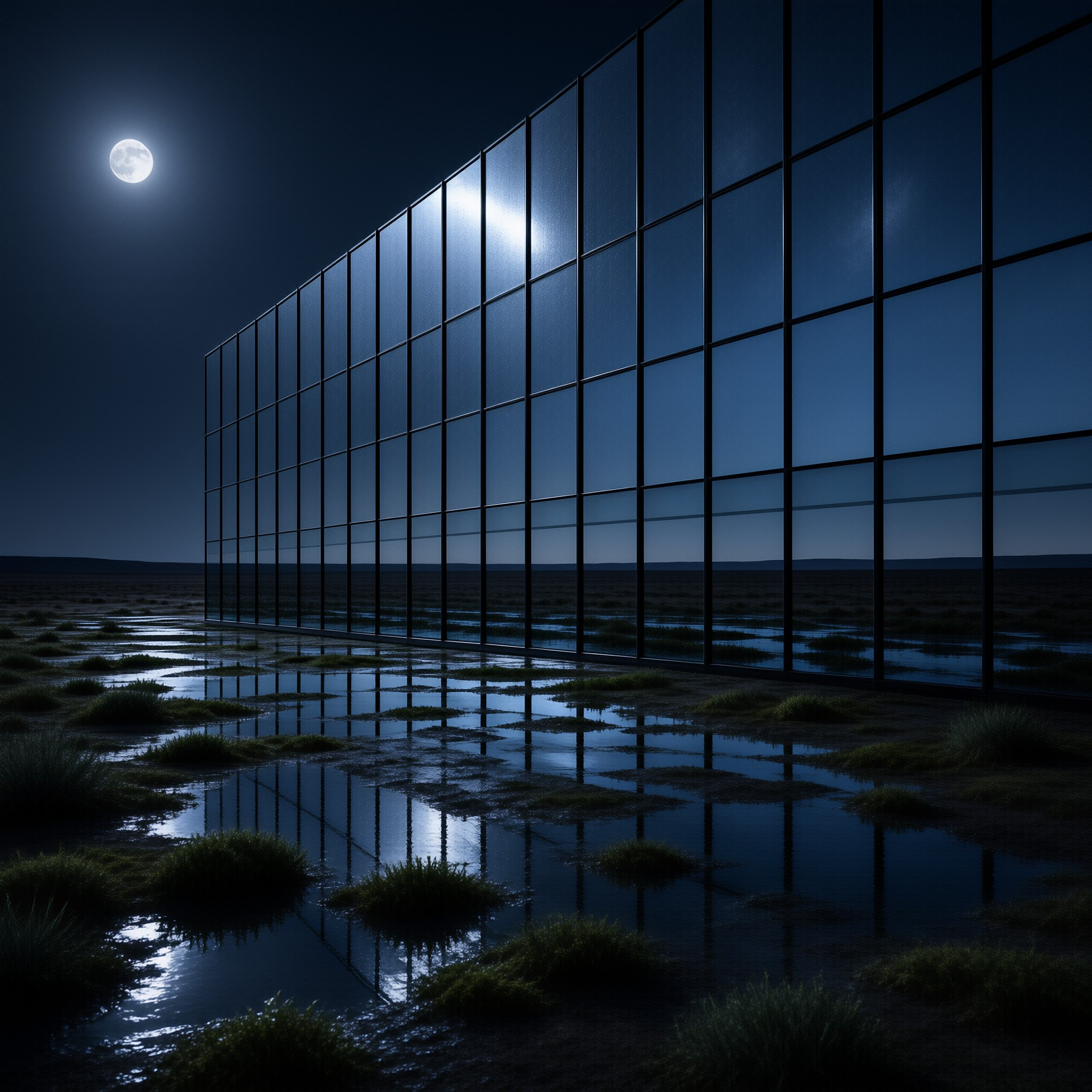 Moonlit Glass Facade at Night